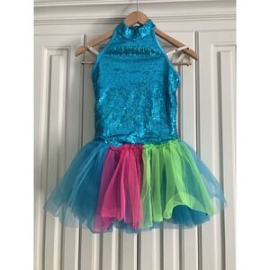 Weissman Blue Sequined Leotard Colorful Tutu Dance Costume Size Large Child